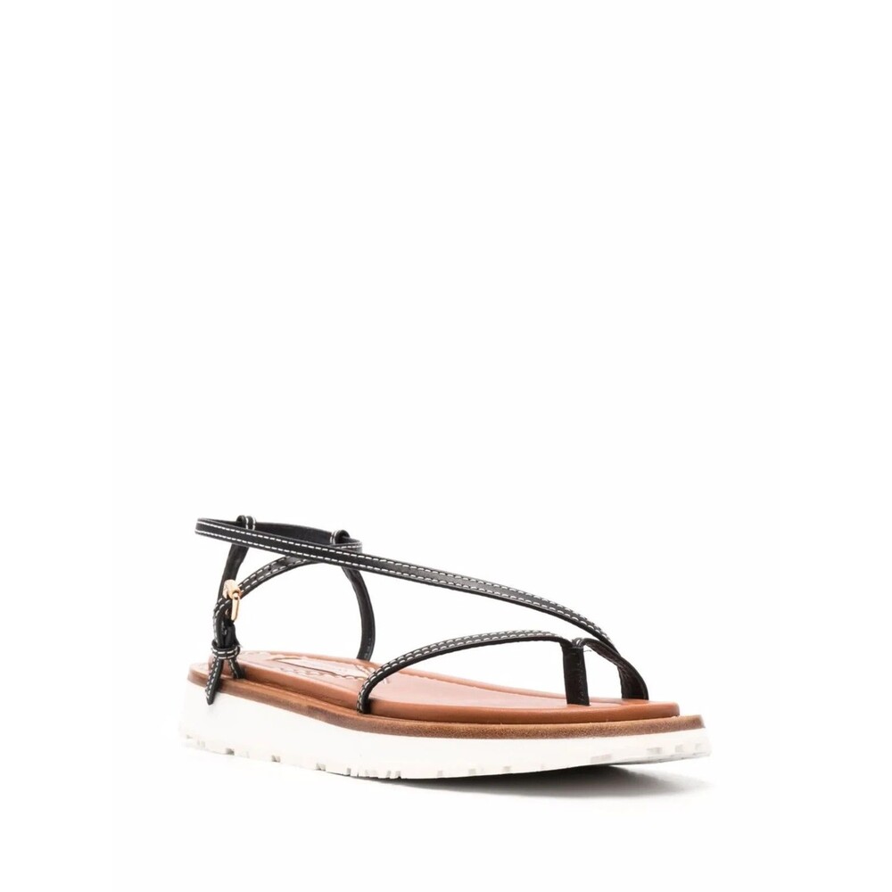 Zimmermann Skinny Leather Strap Sandals Size 36 Black and Tan with Cream Stitch